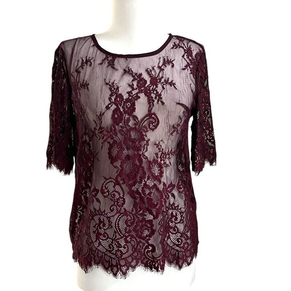 Lace Embroidered Y2K Mesh Top size S Burgundy Goth Fairy Grunge Festival Sheer - Picture 1 of 7